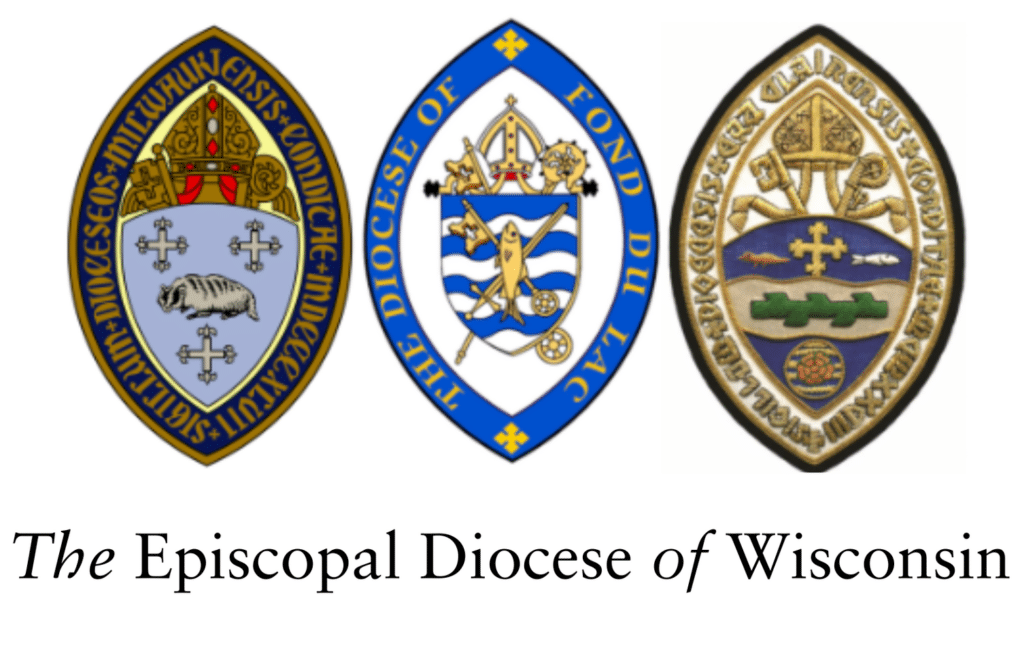The three crests of the former dioceses now make up the Wisconsin Diocese. 